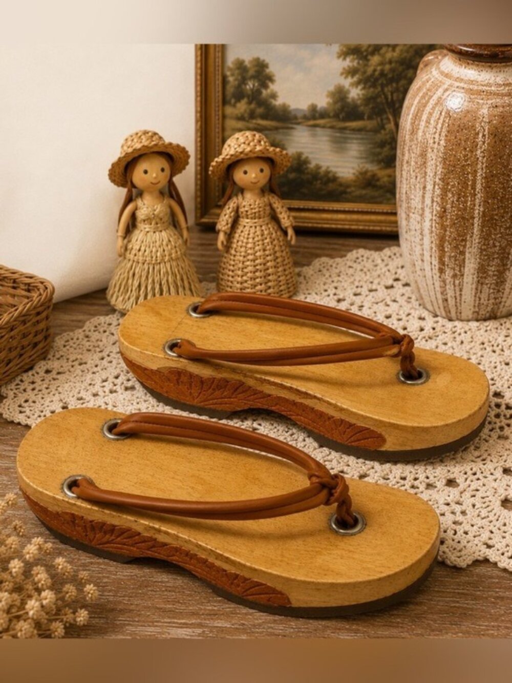 Vintage Fruit of the Loom Wooden Sandals Slides Carved Platform Size 7-7.5